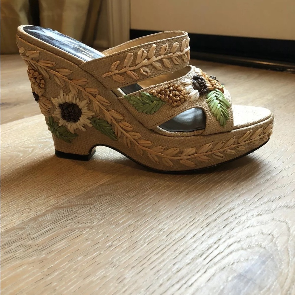 STRAW Bohemian Embroidered wedges sz7.5 Made Italy Isabella Fiore NEW PriceFirm - Picture 4 of 12